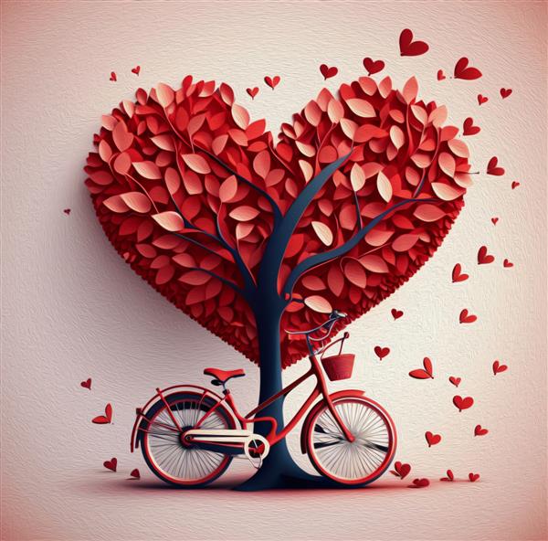 پس زمینه روز ولنتاین با دوچرخه و درخت ساخته شده از قلب رنگ روغن