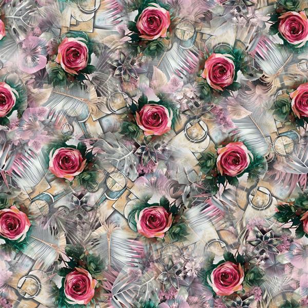 الگوی دیجیتالی گل - پس زمینه بدون درز بافت طرح پارچه گل رز زیبا