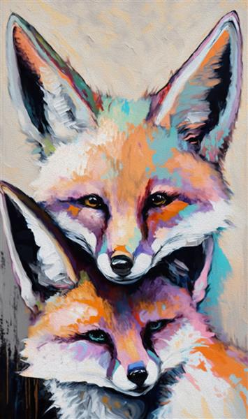 نقاشی پرتره روباه روغنی با رنگ های چند رنگ نقاشی مفهومی انتزاعی از پوزه فنک نمای نزدیک از یک نقاشی با رنگ روغن و چاقوی پالت روی بوم