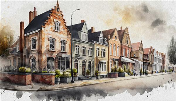 طراحی آبرنگ منظره شهری بروژ بلژیک نقاشی آکواریل خیابان بروژ