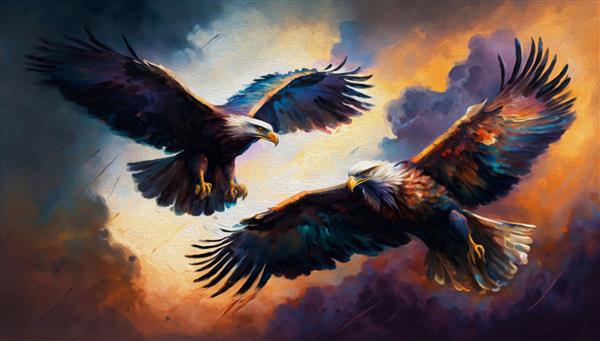 نقاشی رنگ روغن یدک کش عقاب ها در پس زمینه آسمان رنگی ابری و پر جنب و جوش پرواز می کنند