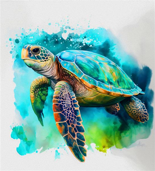نقاشی آبرنگ لاک پشت بزرگ دریایی