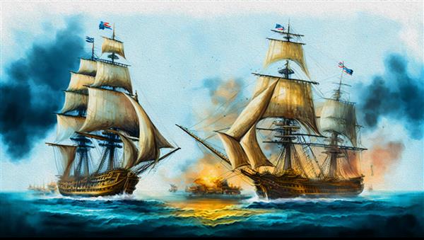 نبرد دریایی کشتی جنگی کشتی های قدیمی روی دریا نقاشی های دیجیتال آبرنگ منظره دریا هنرهای زیبا آثار هنری
