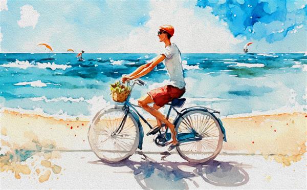 مردی روی دوچرخه صحنه تابستانی ساحلی تصویر آبرنگ نقاشی شده با دست