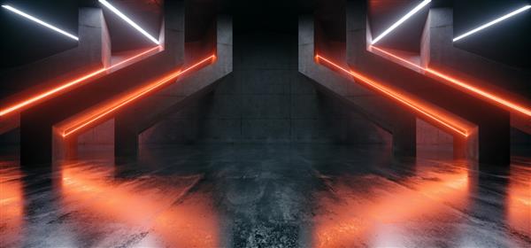 لیزر سایبری نئون پرتوهای درخشان نارنجی علمی تخیلی آشیانه آینده‌نگر بتن زیرزمینی انبار پناهگاه راهرو راهرو تونل پارکینگ تصویر رندر سه بعدی