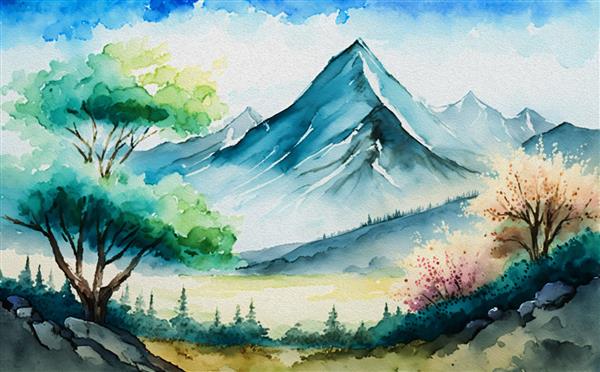 نقاشی منظره آبرنگ کوه بهار