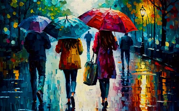 نقاشی اکریلیک افرادی که زیر باران با چتر راه می روند