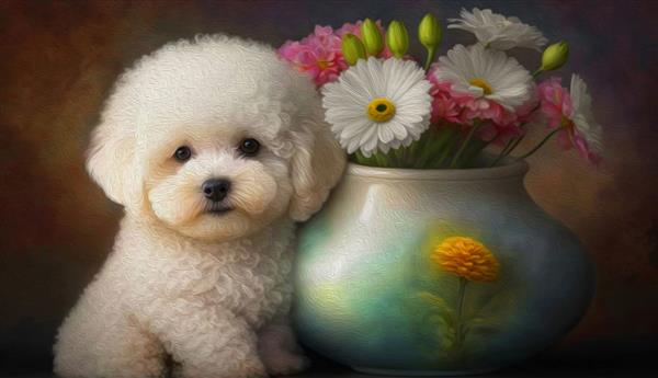 نقاشی رنگ روغن توله سگ بیچون سفید کرکی و گل در گلدان