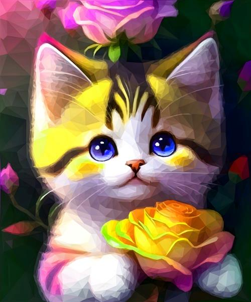 نقاشی یک گربه با یک گل در پنجه هایش