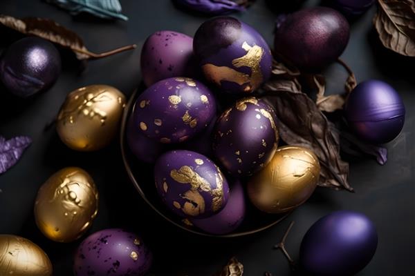 تخم مرغ های طلایی مشکی و بنفش تزئین شده با دست روی زمینه تیره عید پاک ترکیب شیک مینیمال دراز تخت