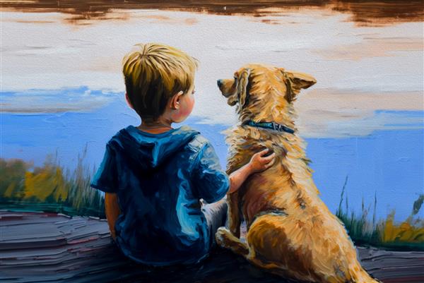 بافت الگو بوم نقاشی شده با رنگ روغن این نقاشی پسری با سگی است که در ساحل دریاچه نشسته است