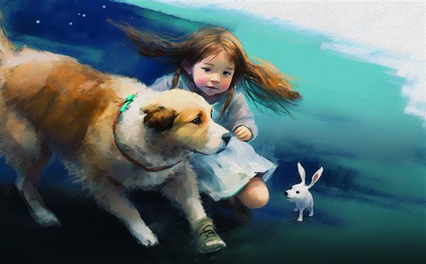 نقاشی دیجیتالی دختر جوان در حال بازی با سگ بافت اکریلیک روی بوم تصویر داستان گویی