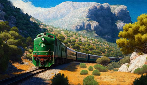 نقاشی رنگ روغن قطار ریلی آبشاری از Kalavrita به Diakofto در یونان