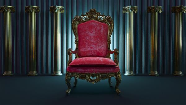 رندر سه بعدی از تاج و تخت پادشاه قرمز در پس زمینه ستون های تیره صندلی پادشاه با ستون های طلایی