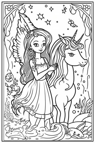 صفحه رنگ آمیزی The Unicorn and Princess شاهزاده خانم و اسب شاخدار ناز با دست طراحی شده است طراحی تصویر برای صفحه رنگ آمیزی بزرگسالان تی شرت خالکوبی کارت و یا برای هر نوع طراحی دیگر تولد