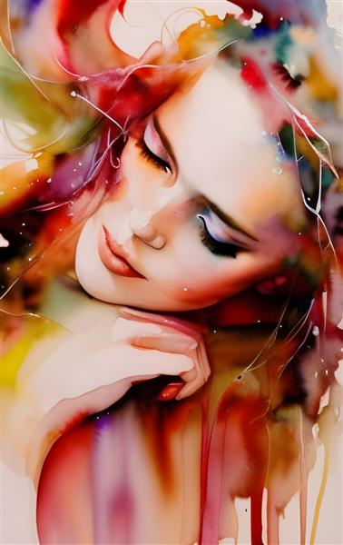 چهره زن جوان هنرمند پرتره مد دختر نقاشی شده با آکواریل قرمز رنگارنگ با سر متفکرانه شیبدار تصویر نقاشی آبرنگ هنری هنری اسپلش سرعت