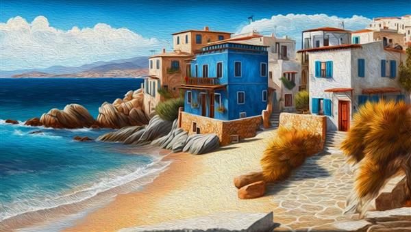 نقاشی رنگ روغن خانه های زیبا در کنار ساحل تصویری مگالی آموس در جزیره میکونوس در یونان