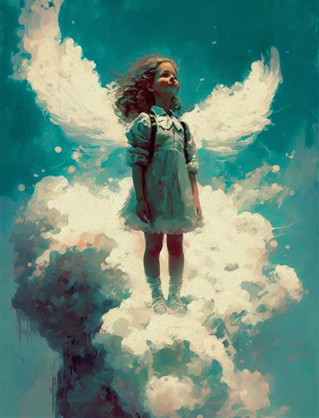 نقاشی هنر دیجیتال دختر فرشته ایستاده روی ابر بافت اکریلیک روی بوم تصویر داستان سرایی
