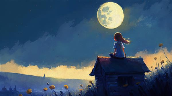 نقاشی دختر کوچکی که روی پشت بام نشسته و به ماه در چمنزار فضای خالی نگاه می کند