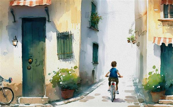 نقاشی تصویری آبرنگ پسری که در امتداد کوچه دوچرخه سواری می کند