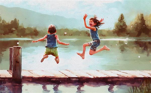 مجموعه نقاشی هنر دیجیتال از کودکانی که از اسکله به داخل دریاچه می پرند