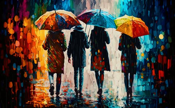 نقاشی اکریلیک افرادی که زیر باران با چتر راه می روند