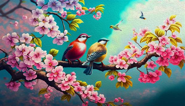 نقاشی رنگ روغن گل و دو پرنده روی درخت