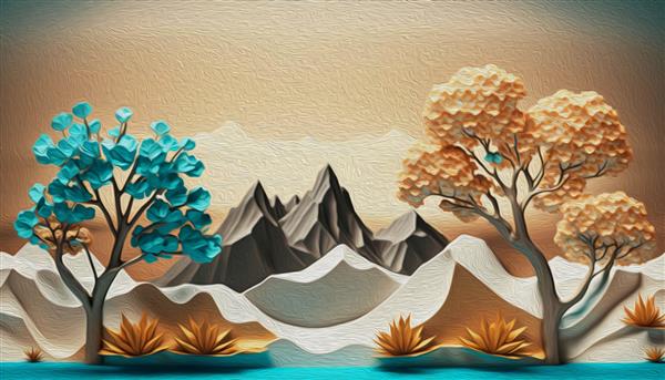 تصویر زمینه سه بعدی هنر منظره درختان قهوه ای با گل های طلایی و کوه های فیروزه ای در پس زمینه خاکستری روشن با ابرهای سفید
