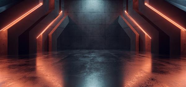 لیزر سایبری نئون پرتوهای درخشان نارنجی علمی تخیلی آشیانه آینده‌نگر بتن زیرزمینی انبار پناهگاه راهرو راهرو تونل پارکینگ تصویر رندر سه بعدی