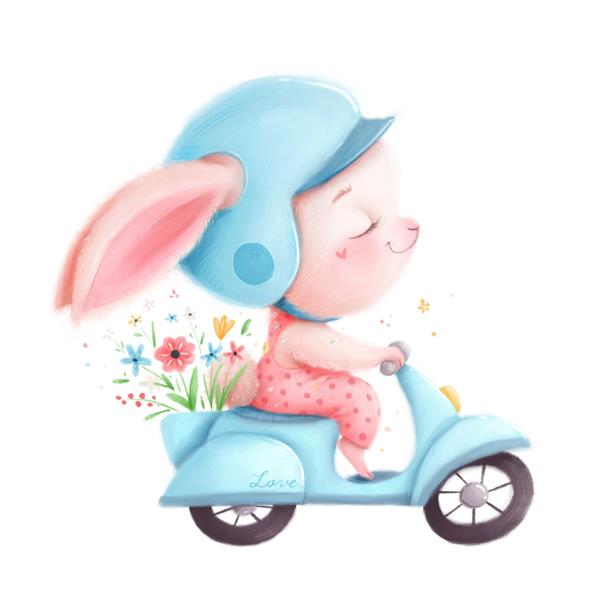 اسم حیوان دست اموز کارتونی زیبا روی یک موتور سیکلت تصویر بهار حیوانات ناز