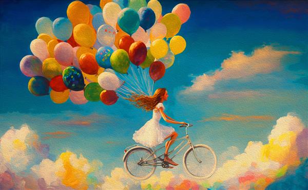 نقاشی دختر زیبای شاد با لباس سفید روی دوچرخه با بادکنک‌های چند رنگی که در آسمان می‌چرخد