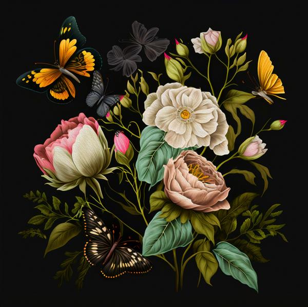 دسته گل رز گل درخت سیب ژیپسوفیلا و پروانه به سبک آبرنگ جدا شده در پس زمینه سیاه برای کارت های تبریک چاپ همه عناصر قابل ویرایش هستند تصویرسازی هنری