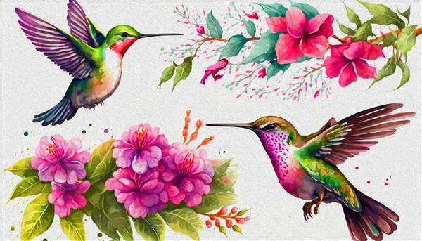 پرنده مگس خوار در حال پرواز در اطراف گل های صورتی مجموعه تصویری باغ تابستانی با دست طراحی شده با آبرنگ جدا شده در پس زمینه سفید