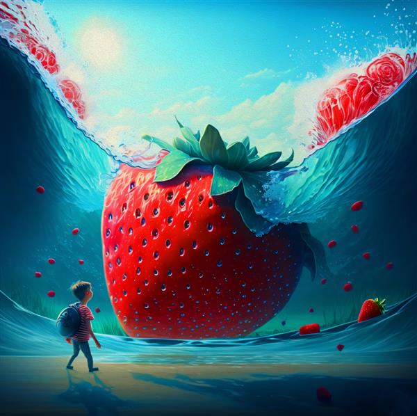 پسری که با شناور استخر توت فرنگی بادی قرمز رنگ سرگرم می شود آسمان آبی در تعطیلات تابستانی گرمسیری نقاشی رنگ روغن لوکس