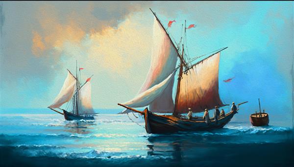 منظره ی دریایی زیبا قایق های ماهیگیری قدیمی در دریا ماهیگیران در حال ماهیگیری هستند نقاشی دیجیتال رنگ روغن نقاشی کلاسیک در رنگ های زنده قایق بادبانی در دریا هنرهای زیبا آثار هنری