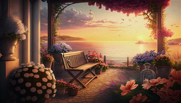نقاشی رنگ روغن نمایی از محیط تابستانی در فضای باز صبح غروب آفتاب با گل