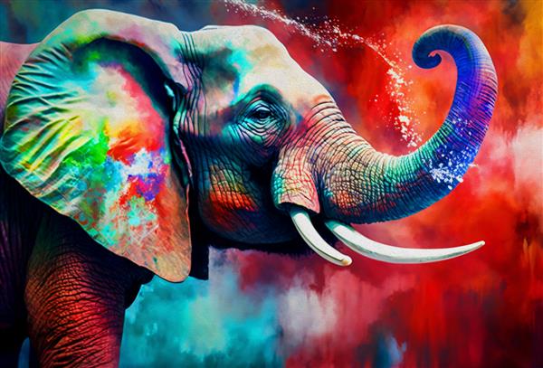 نقاشی رنگ روغن مدرن فیل شاد مجموعه هنرمند از نقاشی حیوانات برای دکوراسیون و داخلی هنر بوم فیل انتزاعی در زمینه رنگارنگ جشن رنگ ها