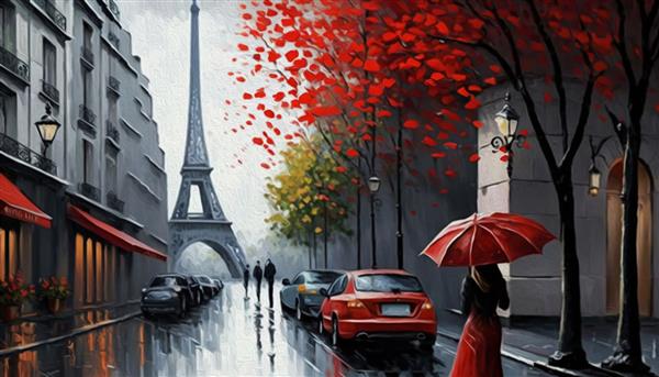 نقاشی رنگ روغن روی بوم نمای خیابان پاریس اثر هنری برج ایفل مردم زیر یک چتر قرمز درخت فرانسه