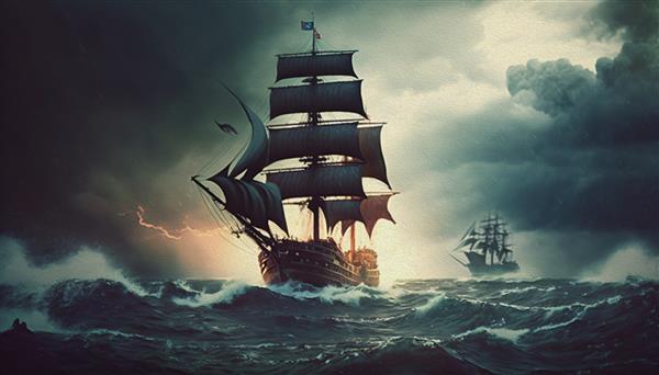 کشتی دزدان دریایی در حال حرکت در هنگام طوفان رعد و برق باران امواج بزرگ بر روی اقیانوس قایق سیاه در حال حرکت بر روی آب های مواج دریا آثار هنری دیجیتال نقاشی