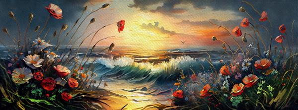گل های زیبا خشخاش و گل های مروارید در پس زمینه اقیانوس امواج خروشان پرتوهای خورشید که سطح دریا را روشن می کند نقاشی های آبرنگ منظره دریا غروب خورشید در اقیانوس