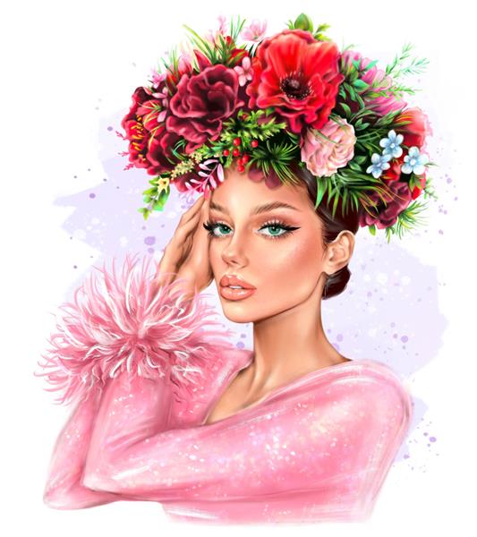 زن جوان زیبا با تاج گل روی سرش تصویرسازی مد