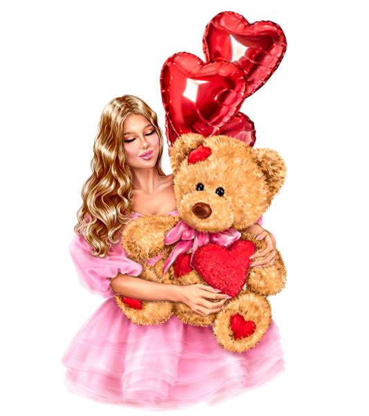 زن جوان زیبا که بالن های خرس عروسکی و قلب قرمز را در دست دارد تصویرسازی مد