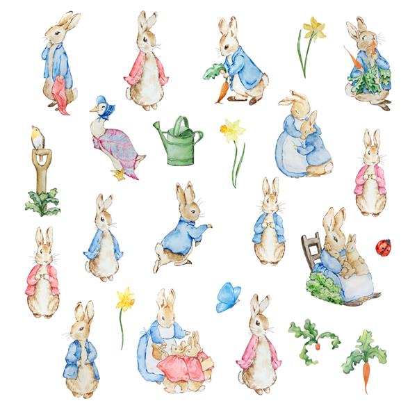 خرگوش های بامزه آبرنگ در طرح کت آبی برای بچه ها