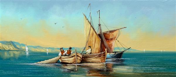 نقاشی های روغنی منظره دریا قایق های ماهیگیری قدیمی در دریا در غروب آفتاب آثار هنری هنرهای زیبا