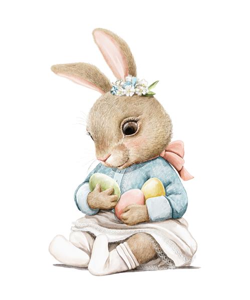 خرگوش اسم حیوان دست اموز دختر با آبرنگ با لباسی که تخم مرغ های عید پاک را در پس زمینه سفید نگه می دارد طرح تصویری با آبرنگ