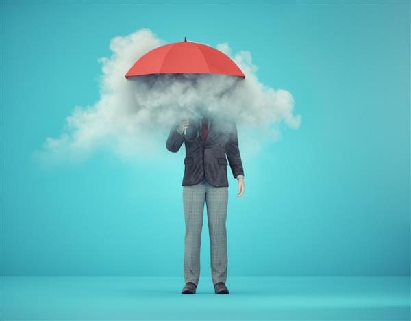 مردی که یک چتر در دست دارد با یک ابر در داخل مفهوم بی فایده و شکست خورده اضطراب و بیماری روانی این یک تصویر رندر سه بعدی است