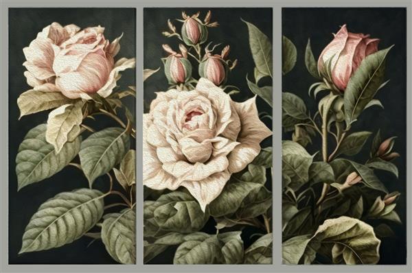 نقاشی رنگ روغن با گل رز برگ پس زمینه چاپ گیاه شناسی روی بوم - سه تایی در داخل هنر