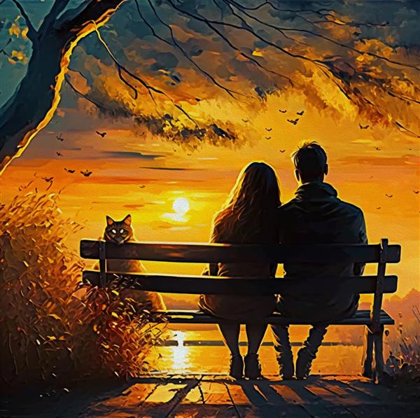 نقاشی رنگ روغن عاشقانه و عشق یک زوج عاشق و گربه - مرد جوان و دختر زیبا روی نیمکت نشسته اند و از منظره زیبای غروب زرد لذت می برند منظره رمانتیک