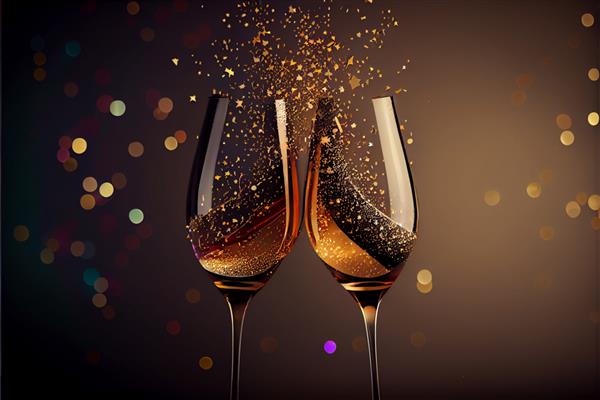 جشن سال نو سالگرد پس زمینه تولد دو لیوان با شراب گازدار ستاره های کنفتی استریمر براق طلایی تزئینات مهمانی 2