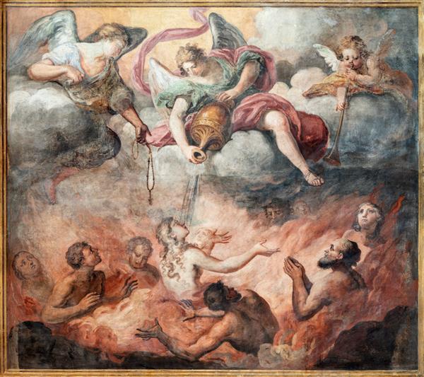 DOMODOSSOLA ایتالیا - 19 ژوئیه 2022 نقاشی دیواری ارواح در برزخ در کلیسا Chiesa dei Santi Gervasio e Protasio توسط لورنزو پرتی از 1774 - 1851